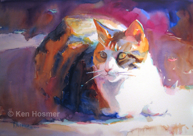 Calico Cat-watercolor painting by Ken Hosmer